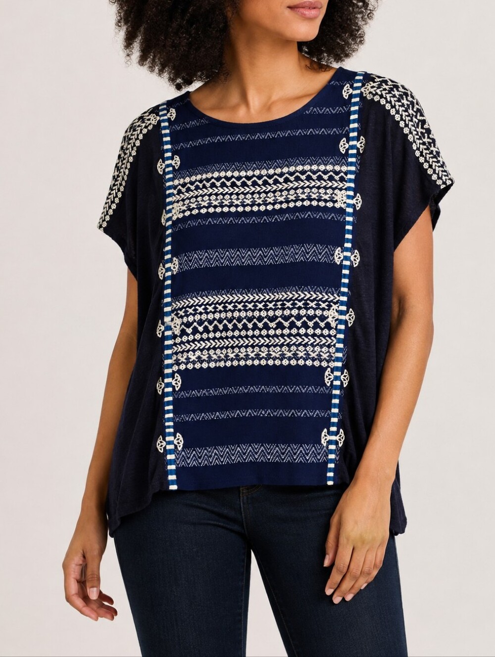J.Crew Size S Navy Embroidered Cotton Linen Boho Short Sleeve Top